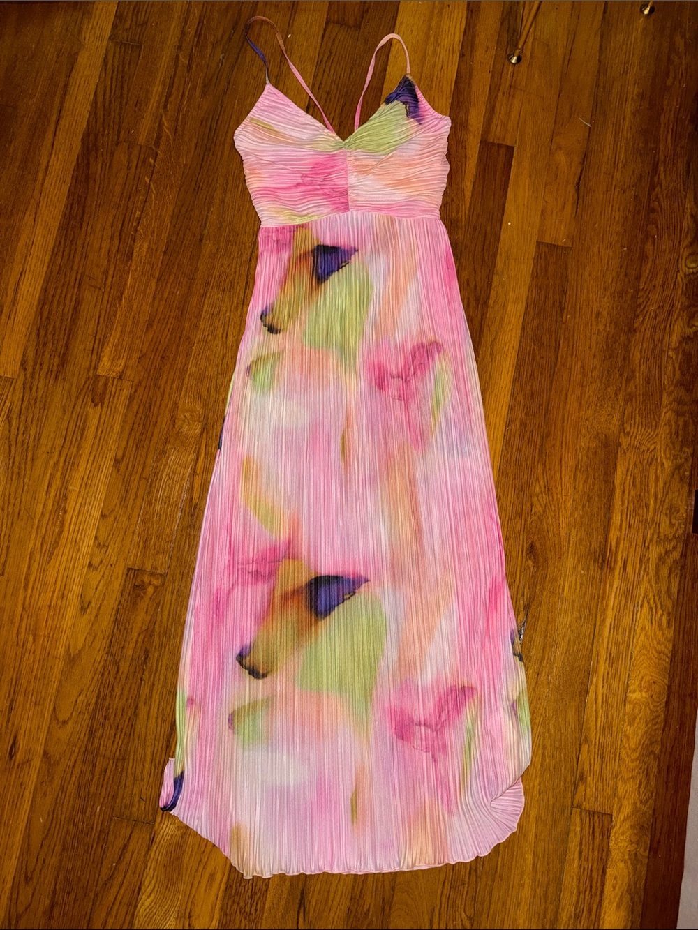 SHEIN Pink Watercolor Pleated Spaghetti-Strap Maxi Dress